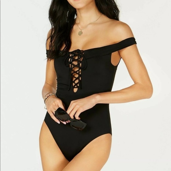 Bar III Lace Up Off the Shoulder 1 Piece Swimsuit